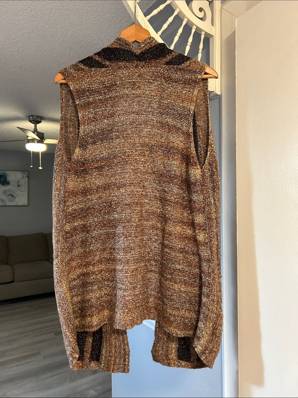 Chico's 1 Women’s Sz M Open Front Sweater Cardigan Brown w/Metallic Highlights - Picture 2 of 7